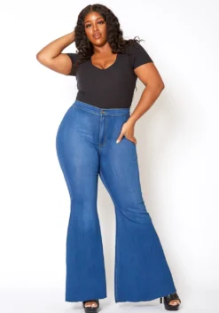 Vibrant Plus Size Retro Flare Raw Hem Denim Jean