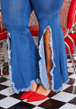 Vibrant Plus Size Blue Washed 90s Bell Bottom Fringe Slit Jean -Asoph Fashion Shop 2013674 938 4