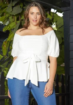 Asoph Plus Size Off Shoulder Chiffon Smocked Peplum Blouse -Asoph Fashion Shop 2013727 135 0