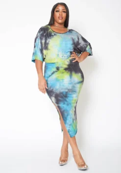 Asoph Plus Size Ocean Tie Dye Crop Top & Tank Midi Dress Set