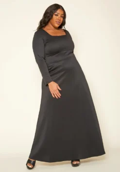 Plus Size Classic Square Neck Long Sleeve Maxi Dress