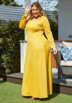Plus Size Classic Square Neck Long Sleeve Maxi Dress -Asoph Fashion Shop 2014193 159 2