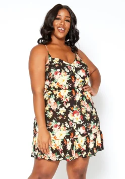 Asoph Plus Size Floral Print Crosslace Back Mini Dress