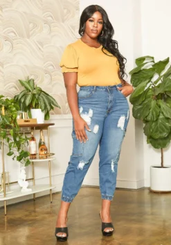 Asoph Plus Size Distressed Denim Cargo Mom Jeans