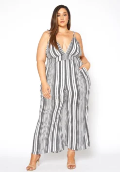 Asoph Plus Size Multi Striped Flare Leg Cami Jumpsuit