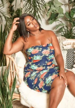 Asoph Plus Size Antique Floral Print Bodycon Tube Dress