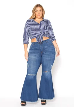 Vibrant Plus Size Medium Denim Raw Hem Distressed Jean
