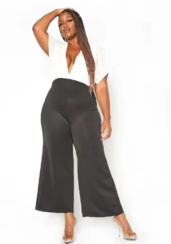 Asoph Plus Size Ribbed Knit Contrast Angel Sleeve Jumpsuit