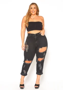 Vibrant Plus Size Distressed Raw Hem Mom Jeans -Asoph Fashion Shop 2016129 001 1