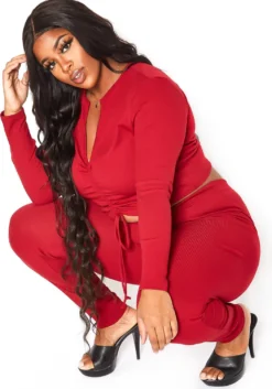 Asoph Plus Size Ruched Drawstring Crop Top & Leggings Set