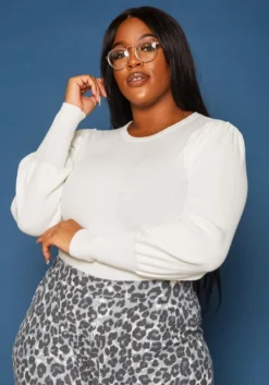 Asoph Plus Size Ribbed Knit Puffy Long Sleeve Top