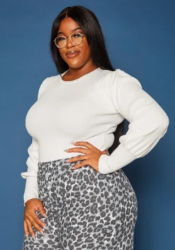 Asoph Plus Size Ribbed Knit Puffy Long Sleeve Top -Asoph Fashion Shop 2016588 002 2