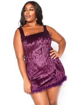 Asoph Plus Size Crushin Velvet Fuzzy Trim Mini Cami Dress
