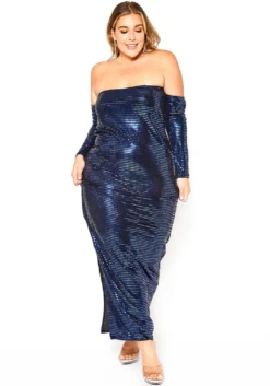 Asoph Plus Size Blue Metallic Off Shoulder Maxi Dress