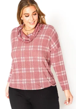 Asoph Plus Size Plaid Funnel Neck Sweater