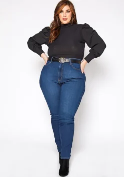 Vibrant Plus Size High Waisted Blue Wash Skinny Denim Jean
