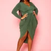 Plus Size Long Sleeve Draped Midi Dress