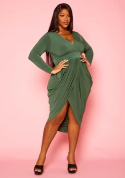 Plus Size Long Sleeve Draped Midi Dress