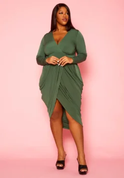 Plus Size Long Sleeve Draped Midi Dress -Asoph Fashion Shop 2016842 001 3