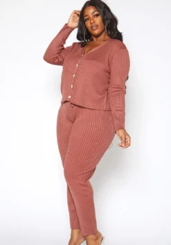 Asoph Plus Size Ribbed Knit Button Hem Long Sleeve Top -Asoph Fashion Shop 2016861 186 0