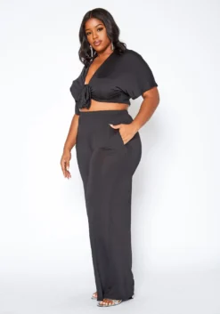 Asoph Plus Size Tie Front Crop Top & Flare Pants Set -Asoph Fashion Shop 2016973 001 2