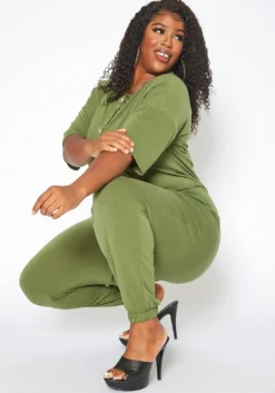Asoph Plus Size Casual Button Hem Jumpsuit