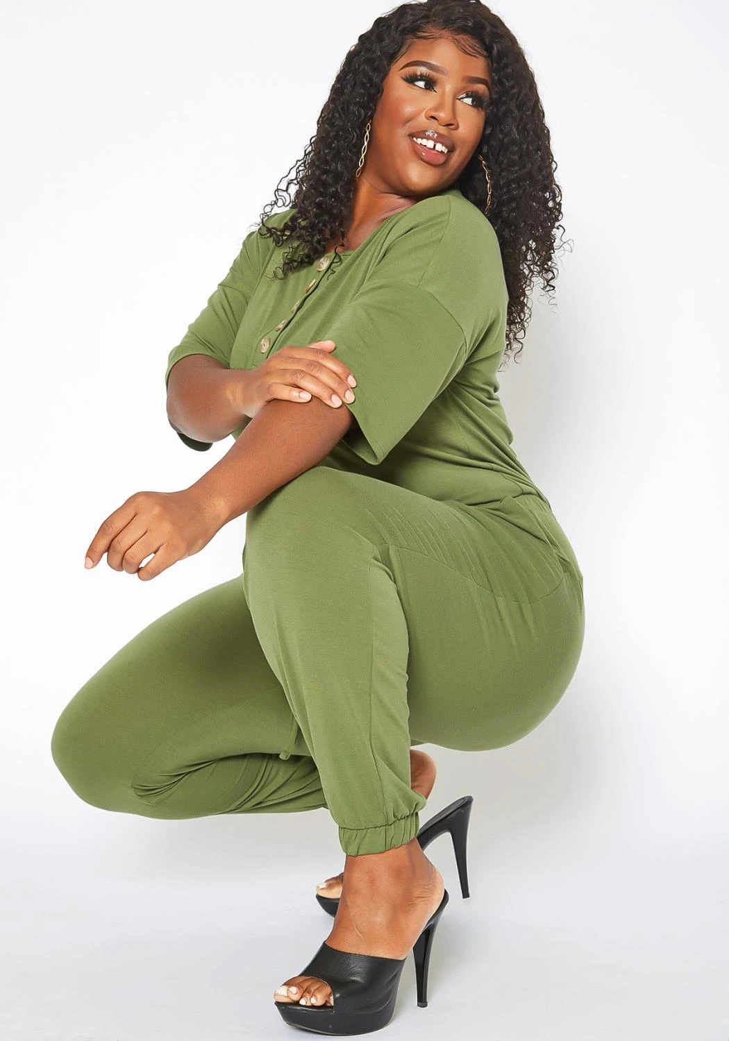 Asoph Plus Size Casual Button Hem Jumpsuit 1 Asoph Plus Size Casual Button Hem Jumpsuit