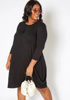 Asoph Plus Size Casual Long Sleeve Fit & Flare Mini Dress