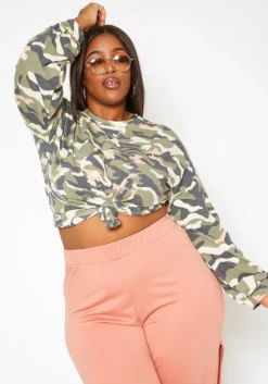 Asoph Plus Size Camo Print Crew Neck Sweater
