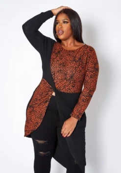 Asoph Plus Size Leopard Contrast High Low Top