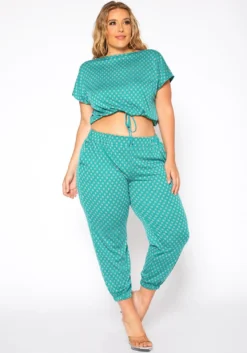 Asoph Plus Size Polka Dot Print Crop Top & Joggers Set