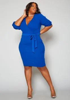 Plus Size V Neck Wrap Bodycon Mini Dress