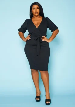 Plus Size V Neck Wrap Bodycon Mini Dress