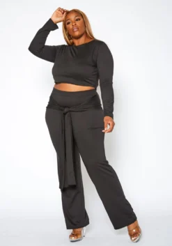 Asoph Plus Size Crop Sweater & Belted Flare Pants Set