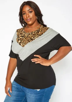 Asoph Plus Size Leopard Chevron Splice Tee Shirt -Asoph Fashion Shop 2017431 106 2