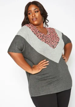 Asoph Plus Size Pink Leopard Chevron Splice Tee Shirt
