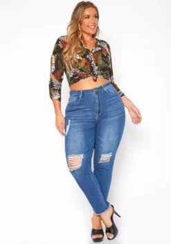 Asoph Plus Size Distressed Blue Wash High Waist Skinny Denim Jeans