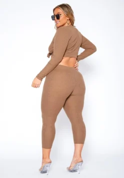 Asoph Plus Size Ribbed Knit Tie Front Crop Top & Legging Set -Asoph Fashion Shop 2017468 190 3