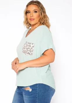 Asoph Plus Size Leopard Pocket Hem V Neck Shirt -Asoph Fashion Shop 2017664 179 2