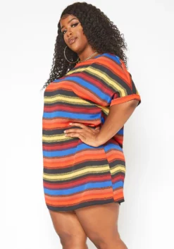 Asoph Plus Size Multi Color Striped Tee Shirt Mini Dress -Asoph Fashion Shop 2017674 128 2