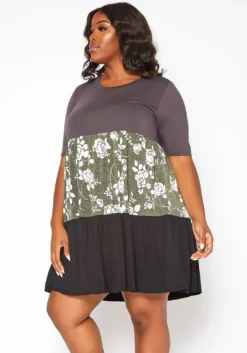 Asoph Plus Size Rose Floral Color Block Mini Dress -Asoph Fashion Shop 2017928 125 2