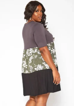 Asoph Plus Size Rose Floral Color Block Mini Dress -Asoph Fashion Shop 2017928 125 3