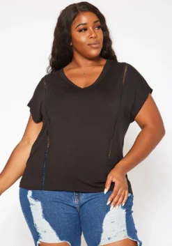 Asoph Plus Size Crochet Hem V Neck Shirt