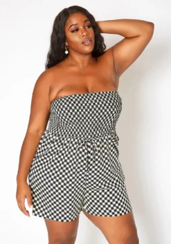 Asoph Plus Size Checker Dotted Print Tube Romper