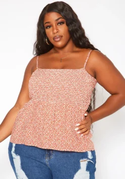 Asoph Plus Size Dainty Floral Print Smocked Cami Top