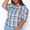 Asoph Plus Size Tartan Plaid Print Puff Sleeve Top