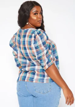 Asoph Plus Size Tartan Plaid Print Puff Sleeve Top -Asoph Fashion Shop 2018051 128 3