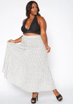 Asoph Plus Size Dainty Floral Print Flare Maxi Skirt