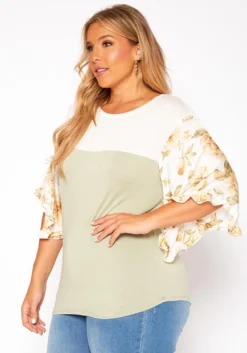 Asoph Plus Size Floral Sleeve Color Block Shirt -Asoph Fashion Shop 2018205 151 1