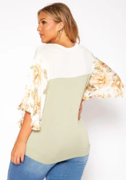 Asoph Plus Size Floral Sleeve Color Block Shirt -Asoph Fashion Shop 2018205 151 2